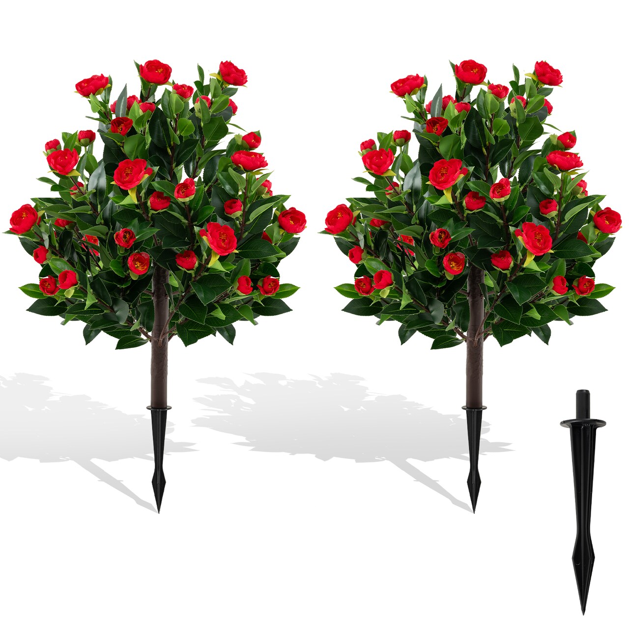 Set of 2 Artificial Camellia Tree with Red Flowers and Green Leaves for Indoor or Outdoor Decor